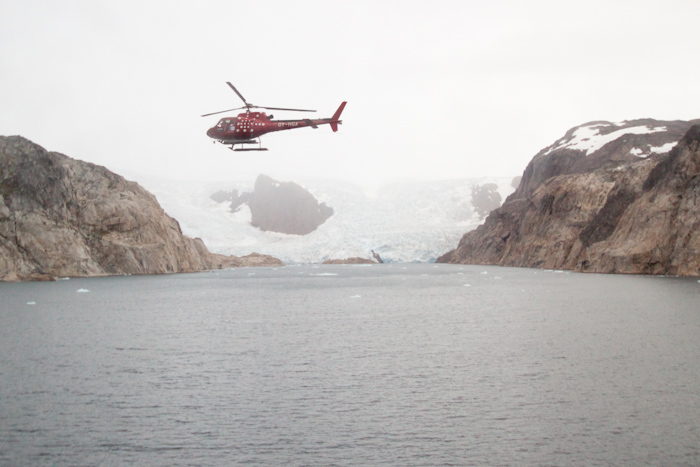 Greenland! My first time visiting the biggest island in the world. This is a glacier near the entrance to Prins Christian Sund, a channel between the mainland of Greenland and some small islands. The helicopter flew the length of the channel, to make sure it was clear of ice.