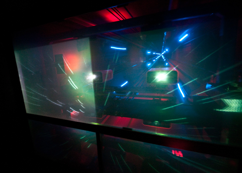 The lift...  excuse me...  the elevator inside 30 Rock, with projector and light display.